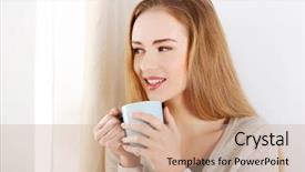  Presentation with tea coffee - Slides consisting of beautiful caucasian woman drinking hot coffee or tea and looking through window indoor background background and a coral colored foreground