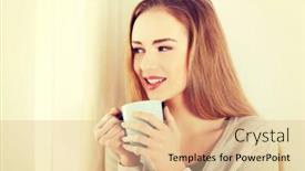  Presentation with tea coffee - PPT layouts having beautiful caucasian woman drinking hot coffee or tea and looking through window indoor background background and a lemonade colored foreground