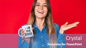  Presentation with winner cup - Cool new presentation design with beautiful-caucasian-woman-drinking backdrop and a teal colored foreground