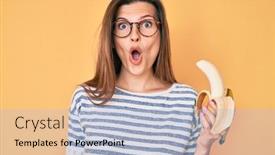  Presentation with healthy snack - Beautiful PPT theme featuring beautiful-caucasian-woman-eating-banana backdrop and a light blue colored foreground