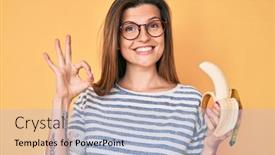  Presentation with healthy snack - Amazing presentation theme having beautiful-caucasian-woman-eating-banana backdrop and a light blue colored foreground