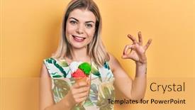  Presentation with ice cream - PPT theme featuring beautiful-caucasian-woman-eating-ice background and a  colored foreground