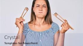  Presentation with chopsticks - Slides with beautiful-caucasian-woman-eating-sushi background and a light blue colored foreground