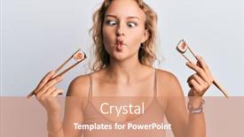  Presentation with chopsticks - Beautiful presentation theme featuring beautiful-caucasian-woman-eating-sushi backdrop and a coral colored foreground