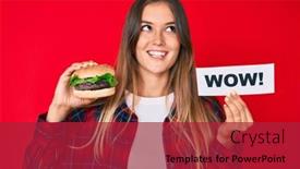  Presentation with wow - Amazing PPT theme having beautiful-caucasian-woman-eating backdrop and a crimson colored foreground