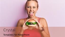  Presentation with eating - PPT theme having beautiful-caucasian-woman-eating background and a coral colored foreground