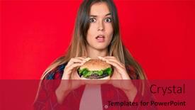  Presentation with burger - Amazing PPT theme having beautiful-caucasian-woman-eating backdrop and a crimson colored foreground