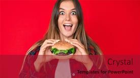  Presentation with burger - Presentation design enhanced with beautiful-caucasian-woman-eating background and a crimson colored foreground
