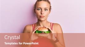  Presentation with burger - Amazing presentation theme having beautiful-caucasian-woman-eating backdrop and a coral colored foreground