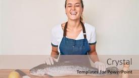  Presentation with crazy - PPT theme having beautiful-caucasian-woman-fishmonger-selling background and a coral colored foreground