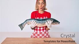  Presentation with salmon fish - Beautiful PPT layouts featuring beautiful-caucasian-woman-fishmonger-selling backdrop and a coral colored foreground