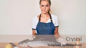  Presentation with negative - Slides featuring beautiful-caucasian-woman-fishmonger-selling background and a coral colored foreground