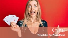  Presentation with poker - Colorful PPT theme enhanced with beautiful-caucasian-woman-holding-ace backdrop and a coral colored foreground