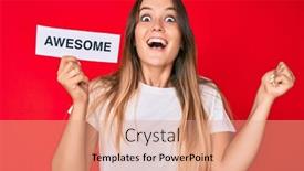  Presentation with awesome - Colorful presentation design enhanced with beautiful-caucasian-woman-holding-awesome backdrop and a coral colored foreground