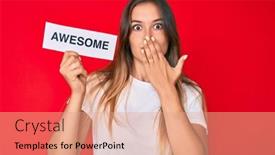  Presentation with awesome - PPT theme with beautiful-caucasian-woman-holding-awesome background and a coral colored foreground