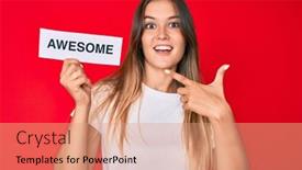  Presentation with awesome - Presentation theme having beautiful-caucasian-woman-holding-awesome background and a coral colored foreground