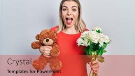 Presentation with anniversary - Presentation theme having beautiful-caucasian-woman-holding-bear background and a  colored foreground