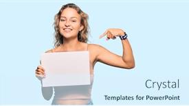  Presentation with self - Amazing PPT theme having beautiful-caucasian-woman-holding-blank backdrop and a sky blue colored foreground