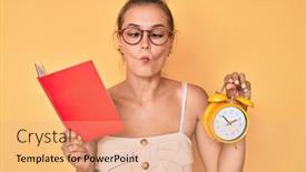  Presentation with clock face - Presentation with beautiful-caucasian-woman-holding-book background and a coral colored foreground