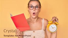  Presentation with clock face - Audience pleasing slides consisting of beautiful-caucasian-woman-holding-book backdrop and a coral colored foreground