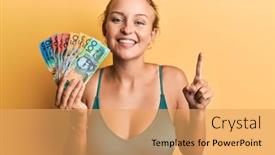  Presentation with canadian - Colorful PPT layouts enhanced with beautiful-caucasian-woman-holding-canadian backdrop and a yellow colored foreground