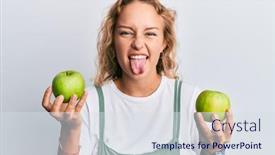  Presentation with green apples - Amazing slide deck having beautiful-caucasian-woman-holding-green backdrop and a sky blue colored foreground