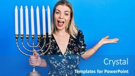  Presentation with hanukkah - PPT theme having beautiful-caucasian-woman-holding-menorah background and a ocean colored foreground