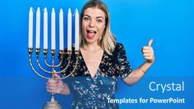  Presentation with hanukkah - PPT theme with beautiful-caucasian-woman-holding-menorah background and a ocean colored foreground