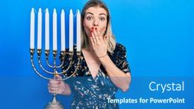  Presentation with hanukkah - Presentation theme enhanced with beautiful-caucasian-woman-holding-menorah background and a ocean colored foreground