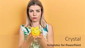  Presentation with woman crying - Presentation design enhanced with beautiful-caucasian-woman-holding-piggy background and a yellow colored foreground
