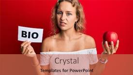  Presentation with bio - Audience pleasing slides consisting of beautiful-caucasian-woman-holding-red backdrop and a coral colored foreground