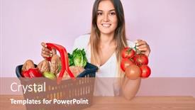  Presentation with supermarket - Cool new PPT theme with beautiful-caucasian-woman-holding-supermarket backdrop and a coral colored foreground