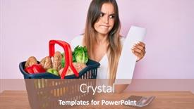  Presentation with supermarket - Cool new presentation theme with beautiful-caucasian-woman-holding-supermarket backdrop and a coral colored foreground