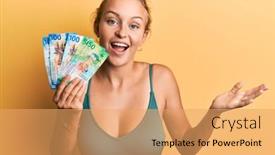  Presentation with achievement - Slides featuring beautiful-caucasian-woman-holding-swiss background and a yellow colored foreground