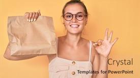  Presentation with paper bag - Cool new presentation design with beautiful-caucasian-woman-holding-take backdrop and a coral colored foreground