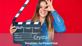  Presentation with clapboard - Beautiful presentation theme featuring beautiful-caucasian-woman-holding-video backdrop and a ocean colored foreground