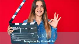  Presentation with clapboard - Amazing presentation having beautiful-caucasian-woman-holding-video backdrop and a ocean colored foreground