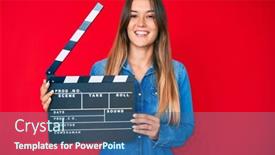  Presentation with clapboard - Theme having beautiful-caucasian-woman-holding-video background and a ocean colored foreground