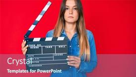  Presentation with clapboard - Presentation theme consisting of beautiful-caucasian-woman-holding-video background and a ocean colored foreground