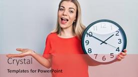  Presentation with clock - Presentation theme with beautiful-caucasian-woman-holding background and a coral colored foreground