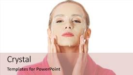  Presentation with collagen - Slide deck featuring beautiful caucasian woman in pink bathrobe with collagen mask isolated on white background and a coral colored foreground