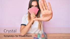  Presentation with gambling - Amazing slide set having beautiful-caucasian-woman-playing-gambling backdrop and a coral colored foreground