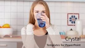  Presentation with fresh water - Amazing presentation design having beautiful caucasian woman sitting in the kitchen and drinking fresh water backdrop and a coral colored foreground