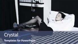  Presentation with tired - Beautiful PPT theme featuring beautiful caucasian woman tired sleeping in a hotel bedroom backdrop and a ocean colored foreground