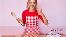  Presentation with apron - PPT theme having beautiful-caucasian-woman-wearing-baker background and a coral colored foreground