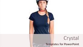  Presentation with woman crying - Amazing PPT theme having beautiful-caucasian-woman-wearing-bike backdrop and a sky blue colored foreground