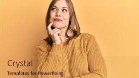  Presentation with finger - PPT theme having beautiful-caucasian-woman-wearing-casual background and a gold colored foreground