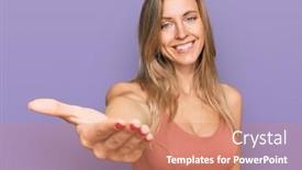  Presentation with business casual - Beautiful PPT theme featuring beautiful-caucasian-woman-wearing-casual backdrop and a coral colored foreground