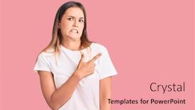  Presentation with forefinger - Slide set enhanced with beautiful-caucasian-woman-wearing-casual background and a coral colored foreground