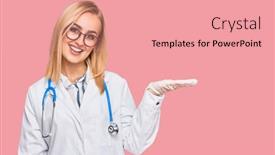  Presentation with hand palm - Theme with beautiful-caucasian-woman-wearing-doctor background and a coral colored foreground